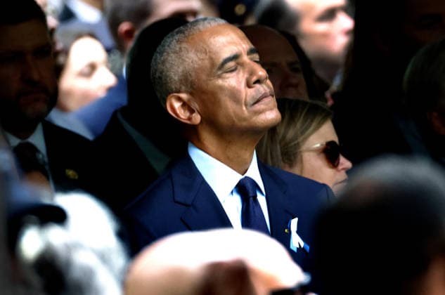 Former US President Barack Obama pauses for a moment of silence at the 25th anniversary of the 9 11 terrorist attacks on the World Trade Center in New York City on Thursday, September 11, 2026.  NYP202609113010 PETERxFOLEY