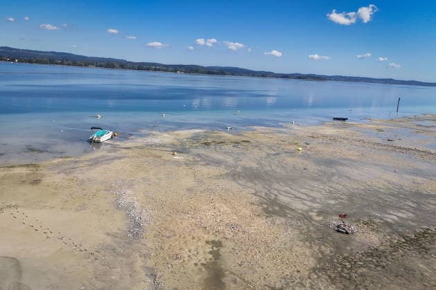 Wetterfeature, Bei sonnigem Spätsommerwetter am Bodensee liegen einige Boote aufgrund des niedrigen Wasserstands auf dem Trockenen. Gleichzeitig zeigt sich der Bodensee von seiner malerischen Seite das Wasser schimmert bei strahlendem Sonnenschein grünlich-blau, während sich die Uferlandschaft unter nahezu wolkenlosem Himmel präsentiert. (Aufnahme mit einer Drohne) Moos Baden-Württemberg Deutschland Moos