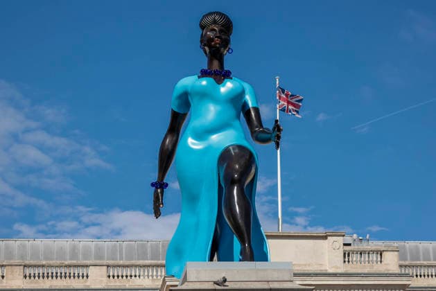 . 12 09 2026. London, United Kingdom. Lady In Blue Trafalgar Square. Lady In Blue by New York artist Tschabalala Self, which pays homage to a young, metropolitan woman, is the 16th artwork to feature on the plinth since 1998. The bronze and blue figure replaces Mil Veces un Instante (A Thousand Times in an Instant) by Teresa Margolles.  xMartynxWheatleyx xi-Imagesx IIM-27002-0003