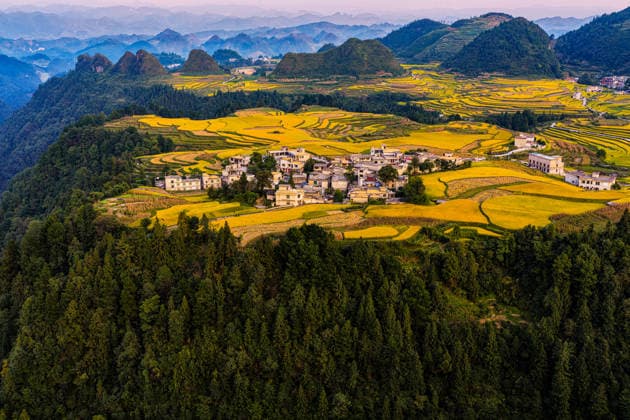 LONG LI, CHINA - SEPTEMBER 12: An aerial view shows the Daxin terraced fields during the harvest season on September 12, 2026 in Longli, Guizhou Province of China.  Copyright: xVCGx 111666387604