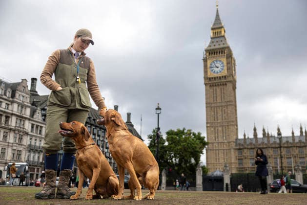 News Bilder des Tages Image Licensed to Parsons Media. 13 09 2026. London, United Kingdom.Matt Liney, Bartie Taylor (Aged 10), Kennel Huntsman Simon Lewis, Kennelmen James White, Mel Solkhon and Faye Smith from the Countryside Alliance pose for a photo on Parliament Square as they launch their Campaign for the Countryside calling for a fresh relationship between the government and rural Britain. Campaign for the Countryside. Parliament Square.  Copyright: xRyanxJenkinsonx xParsonsxMediax PAR-9232-0003