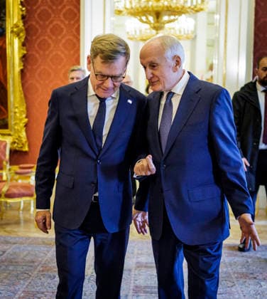 Johann Wadephul (CDU), Bundesaussenminister, aufgenommen im Rahmen seiner Reise nach Ungarn. Hier mit dem Staatspraesidenten von Ungarn, Andras Baka, im Palais Sandor. Fotografiert im Auftrag des Auswaertigen Amtes Budapest Ungarn