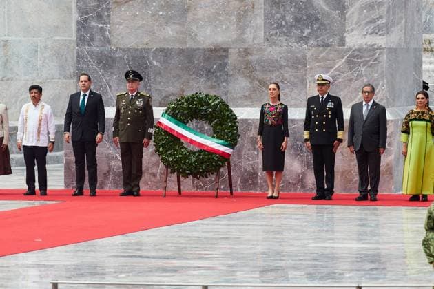 Sheinbaum Leads Mexico™s Commemoration of the Heroic Children of Chapultepec MEXICO CITY, MEXICO - SEPTEMBER 13, 2026: The President of Mexico, Claudia Sheinbaum Pardo, presides over the ceremony marking the 179th Anniversary of the Heroic Deed of the Boy Heroes of Chapultepec. She is accompanied by Secretary of National Defense Ricardo Trevilla Trejo, Secretary of the Navy Admiral Raymundo Pedro Morales Ãngeles, President of the Supreme Court Hugo Aguilar Ortiz, and members of the cabinet. The ceremony took place at the Altar to the Homeland in Chapultepec Park, Mexico City. Ciudad de MÃ xico Mexico Copyright: x xJuanxPerezxPuentex xJNAxPressx