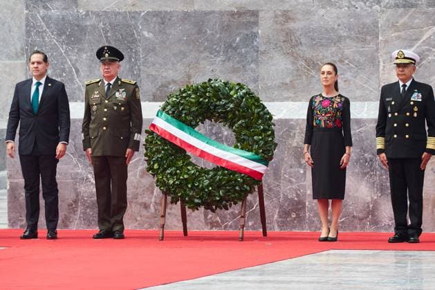 Sheinbaum Leads Mexico™s Commemoration of the Heroic Children of Chapultepec MEXICO CITY, MEXICO - SEPTEMBER 13, 2026: The President of Mexico, Claudia Sheinbaum Pardo, presides over the ceremony marking the 179th Anniversary of the Heroic Deed of the Boy Heroes of Chapultepec. She is accompanied by Secretary of National Defense Ricardo Trevilla Trejo, Secretary of the Navy Admiral Raymundo Pedro Morales Ãngeles, President of the Supreme Court Hugo Aguilar Ortiz, and members of the cabinet. The ceremony took place at the Altar to the Homeland in Chapultepec Park, Mexico City. Ciudad de MÃ xico Mexico Copyright: x xJuanxPerezxPuentex xJNAxPressx