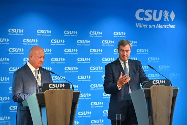 v.li: OEVP-Obmann, Bundeskanzler der Republik Oesterreich Dr. Christian Stocker, Markus SOEDER (Ministerpraesident Bayern und CSU Vorsitzender) , Pressekonferenz nach Klausurtagung des CSU Parteivorstands am 14.09.2026 in der CSU Landesleitung in Muenchen.