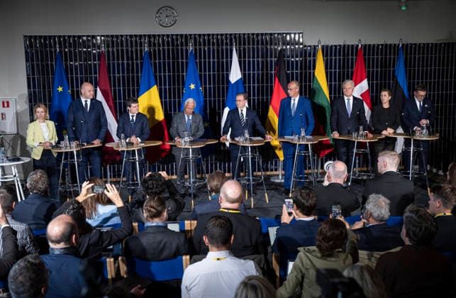 LKS 20260914 (L to R) High Representative of the Union for Foreign Affairs, Security Policy Kaja Kallas, Prime Minister of Latvia Andris Kulbergs, President of Romania Nicu?or Dan, President of the European Council António Costa, Prime Minister Petteri Orpo of Finland, Federal Chancellor of Germany Friedrich Merz, President of Lithuania Gitanas Nauseda, Prime Minister Mette Frederiksen of Denmark and Prime Minister of Estonia Kristen Michal during the leaders joint press conference of The European Arctic Summit in Rovaniemi, Finland, on September 14, 2026. The aim of the summit is to strengthen the EU’s common strategic approach to the Arctic region as its geopolitical significance continues to grow rapidly. - JOUNI PORSANGER Rovaniem  Copyright: xJounixPorsangerx bPb110Nys5c