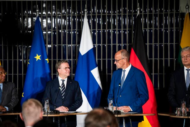LKS 20260914 (L to R) President of the European Council António Costa, Prime Minister Petteri Orpo of Finland, Federal Chancellor of Germany Friedrich Merz, and President of Lithuania Gitanas Nauseda during the leaders joint press conference of The European Arctic Summit in Rovaniemi, Finland, on September 14, 2026. The aim of the summit is to strengthen the EU’s common strategic approach to the Arctic region as its geopolitical significance continues to grow rapidly. - JOUNI PORSANGER Rovaniemi Finland  Copyright: xJounixPorsangerx Hx4sv4HuRY8