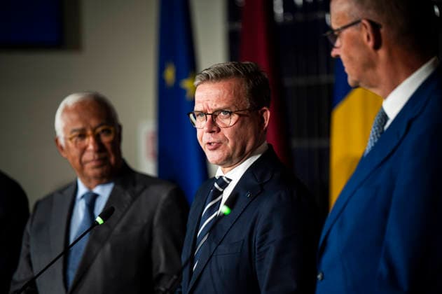 LKS 20260914 (L to R) President of the European Council António Costa, Prime Minister Petteri Orpo of Finland and Federal Chancellor of Germany Friedrich Merz during the leaders joint press conference of The European Arctic Summit in Rovaniemi, Finland, on September 14, 2026. The aim of the summit is to strengthen the EU’s common strategic approach to the Arctic region as its geopolitical significance continues to grow rapidly. - JOUNI PORSANGER Rovaniemi Finland  Copyright: xJounixPorsangerx y7fAPRu724c