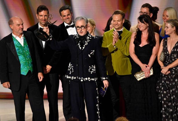 Cast and crew including Stephen Lambert, Mike Cotton, Sam Rees-Jones, Rosie Franks and Alan Cumming accept the Outstanding Reality Competition Program Award for The Traitors on stage during the 78th annual Primetime Emmy Awards at the Peacock Theater in Los Angeles on Monday, September 14, 2026.  LAP2026091496 JIMxRUYMEN