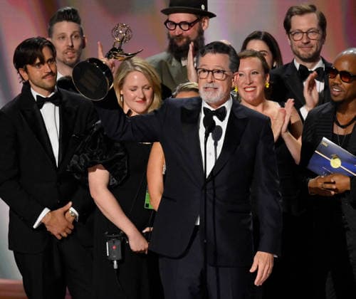 Cast and crew including Ariel Dumas, Opus Moreschi, Lauren Marcello, Sara Vilkomerson, Gabriel W Gronli, Stephen Colbert, Paul Dinello, Bjoern Stejskal, Tanya Michnevich Bracco, Matt Lappin, Michael R Brumm and Aaron Cohen accept the Outstanding Variety Series Award for The Late Show with Stephen Colbert on stage during the 78th annual Primetime Emmy Awards at the Peacock Theater in Los Angeles on Monday, September 14, 2026. LAP20260914130 JIMxRUYMEN