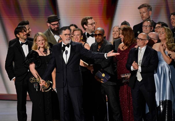 Cast and crew including Ariel Dumas, Opus Moreschi, Lauren Marcello, Sara Vilkomerson, Gabriel W Gronli, Stephen Colbert, Paul Dinello, Bjoern Stejskal, Tanya Michnevich Bracco, Matt Lappin, Michael R Brumm and Aaron Cohen accept the Outstanding Variety Series Award for The Late Show with Stephen Colbert on stage during the 78th annual Primetime Emmy Awards at the Peacock Theater in Los Angeles on Monday, September 14, 2026. LAP20260914125 JIMxRUYMEN