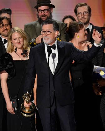 Cast and crew including Ariel Dumas, Opus Moreschi, Lauren Marcello, Sara Vilkomerson, Gabriel W Gronli, Stephen Colbert, Paul Dinello, Bjoern Stejskal, Tanya Michnevich Bracco, Matt Lappin, Michael R Brumm and Aaron Cohen accept the Outstanding Variety Series Award for The Late Show with Stephen Colbert on stage during the 78th annual Primetime Emmy Awards at the Peacock Theater in Los Angeles on Monday, September 14, 2026. LAP20260914126 JIMxRUYMEN