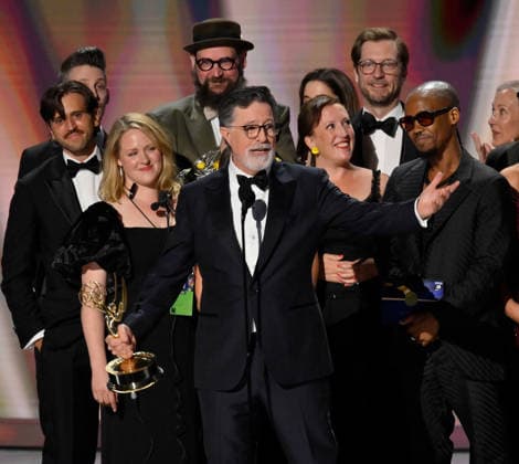 Cast and crew including Ariel Dumas, Opus Moreschi, Lauren Marcello, Sara Vilkomerson, Gabriel W Gronli, Stephen Colbert, Paul Dinello, Bjoern Stejskal, Tanya Michnevich Bracco, Matt Lappin, Michael R Brumm and Aaron Cohen accept the Outstanding Variety Series Award for The Late Show with Stephen Colbert on stage during the 78th annual Primetime Emmy Awards at the Peacock Theater in Los Angeles on Monday, September 14, 2026. LAP20260914127 JIMxRUYMEN