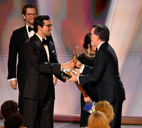 Stephen Colbert accepts the Outstanding Variety Series Award for The Late Show with Stephen Colbert from Paul Anthony Kelly on stage during the 78th annual Primetime Emmy Awards at the Peacock Theater in Los Angeles on Monday, September 14, 2026.  LAP20260914133 JIMxRUYMEN