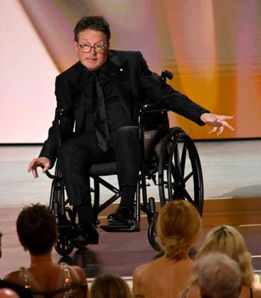 Michael J. Fox accepts the Bob Hope Humanitarian Award on stage during the 78th annual Primetime Emmy Awards at the Peacock Theater in Los Angeles on Monday, September 14, 2026.  LAP20260914139 JIMxRUYMEN