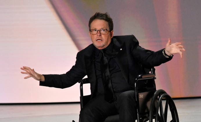 Michael J. Fox accepts the Bob Hope Humanitarian Award on stage during the 78th annual Primetime Emmy Awards at the Peacock Theater in Los Angeles on Monday, September 14, 2026.  LAP20260914142 JIMxRUYMEN