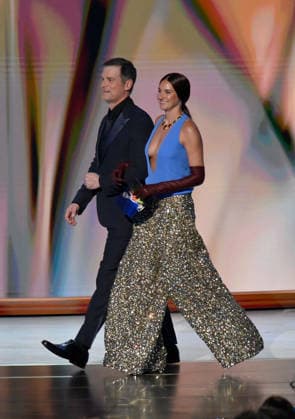 (L-R) Peter Krause and Shailene Woodley walk on stage during the 78th annual Primetime Emmy Awards at the Peacock Theater in Los Angeles on Monday, September 14, 2026.  LAP20260914148 JIMxRUYMEN