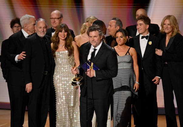 Cast and crew including Jason Bateman, Richard Jenkins, Linda Cardellini, Joy Sunday, Jennifer Scher, Arlan Ruf, Steven Conrad and David Harbour accept the Outstanding Limited or Anthology Series Award for DTF St. Louis on stage during the 78th annual Primetime Emmy Awards at the Peacock Theater in Los Angeles on Monday, September 14, 2026.  LAP20260914171 JIMxRUYMEN