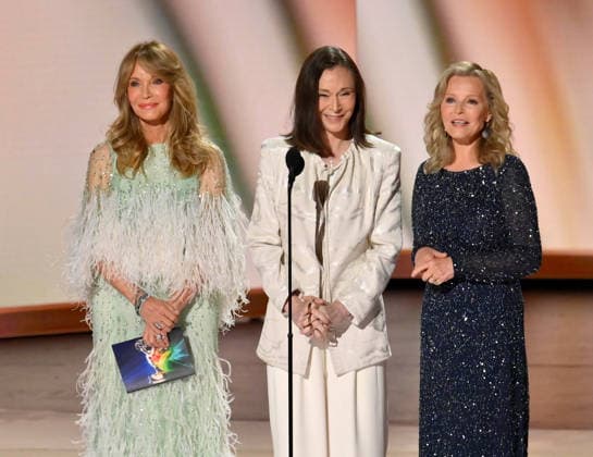 (L-R) Jaclyn Smith, Kate Jackson and Cheryl Ladd speak on stage during the 78th annual Primetime Emmy Awards at the Peacock Theater in Los Angeles on Monday, September 14, 2026.  LAP20260914174 JIMxRUYMEN