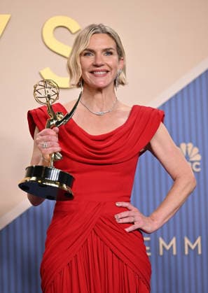 Rhea Seehorn holds the Emmy for Outstanding Lead Actress in a Drama Series for Pluribus, backstage during the 78th annual Primetime Emmy Awards at the Peacock Theater in Los Angeles on Monday, September 14, 2026.  LAP20260914219 CHRISxCHEW