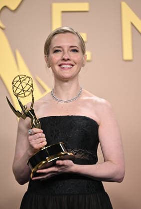 Katie Dippold holds the Emmy for Outstanding Writing for a Comedy Series for Widow s Bay, backstage during the 78th annual Primetime Emmy Awards at the Peacock Theater in Los Angeles on Monday, September 14, 2026.  LAP20260914241 CHRISxCHEW
