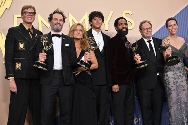(L-R) Jeff Hiller, Matthew Rhys, Dale Dickey, Kingston Rumi Southwick, Kevin Carroll, Stephen Root, Kate O Flynn hold the Emmy for Outstanding Comedy Series for Widow s Bay, backstage during the 78th annual Primetime Emmy Awards at the Peacock Theater in Los Angeles on Monday, September 14, 2026.  LAP20260914244 CHRISxCHEW