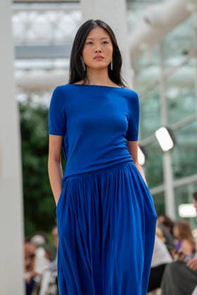 Models present creations from Simorra s FOLD IN collection for spring-summer 2027 during Mercedes-Benz Fashion Week Madrid. The Barcelona-based label, founded in 1978 by Javier Simorra, explores shapes, curves and the fold as a central element in this collection, with garments that adapt to the body and celebrate a beauty that resists rigidity. September 14,2026. (202609141382)