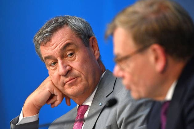 v.li: Markus SOEDER (Ministerpraesident Bayern und CSU Vorsitzender), Johann Wadephul (Bundesaussenminister). Pressekonferenz nach Sitzung des Ministerrates in der im Prinz Carl Palais in Muenchen am 15.09.2026.