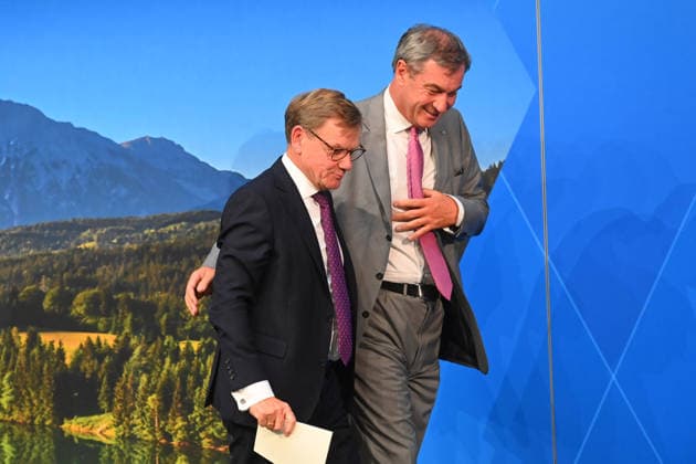 v.re::Markus SOEDER (Ministerpraesident Bayern und CSU Vorsitzender), Johann Wadephul (Bundesaussenminister). Pressekonferenz nach Sitzung des Ministerrates in der im Prinz Carl Palais in Muenchen am 15.09.2026.