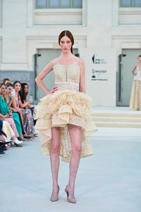 September 15, 2026, Madrid, Spain: A model parades with Hannibal Laguna design during Mercedes Benz Fashion Week Madrid Cibeles Palace in Madrid, 15 February of 2026 Spain Madrid Spain - ZUMAs197 20260915_aaa_s197_584 Copyright: xAtilanoxGarciax