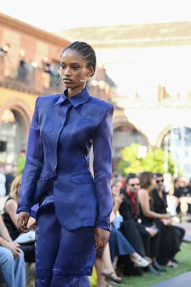 September 16, 2026, Madrid, Spain: A model parades with Acromatyx design during the Mercedes Benz Fashion Week Madrid at Cibeles Palace in Madrid. Madrid Spain  - ZUMAs197 20260916_aaa_s197_297 Copyright: xAtilanoxGarciax