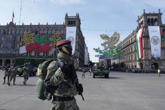 September 16, 2026, Mexico City, Mexico: Mexican President CLAUDIA SHEINBAUM PARDO led the Civic-Military Parade marking the 216th anniversary of the beginning of Mexicos Independence, which started at the Zocalo and traveled along Paseo de la Reforma to Campo Marte in Mexico City. The Armed Forces displayed military equipment and technology, including tactical drones and the Xolotl robot, designed to handle situations involving explosive devices. She was accompanied by Defense Secretary GENERAL RICARDO TREVILLA TREJO and Navy Secretary Admiral RAYMUNDO PEDRO MORALES ANGELES. Mexico City Mexico  - ZUMAl178 20260916_znp_l178_030 Copyright: xCristianxLeyvax