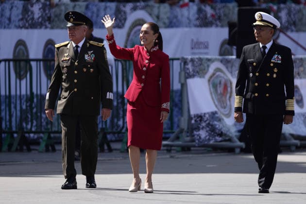 September 16, 2026, Mexico City, Mexico: Mexican President CLAUDIA SHEINBAUM PARDO led the Civic-Military Parade marking the 216th anniversary of the beginning of Mexicos Independence, which started at the Zocalo and traveled along Paseo de la Reforma to Campo Marte in Mexico City. The Armed Forces displayed military equipment and technology, including tactical drones and the Xolotl robot, designed to handle situations involving explosive devices. She was accompanied by Defense Secretary GENERAL RICARDO TREVILLA TREJO and Navy Secretary Admiral RAYMUNDO PEDRO MORALES ANGELES. Mexico City Mexico  - ZUMAl178 20260916_znp_l178_053 Copyright: xCristianxLeyvax