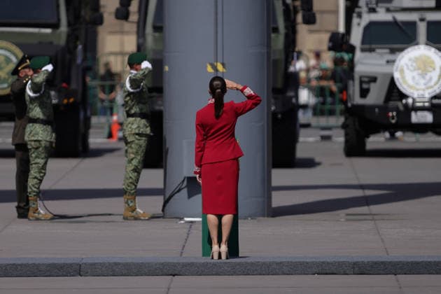 September 16, 2026, Mexico City, Mexico: Mexican President CLAUDIA SHEINBAUM PARDO led the Civic-Military Parade marking the 216th anniversary of the beginning of Mexicos Independence, which started at the Zocalo and traveled along Paseo de la Reforma to Campo Marte in Mexico City. The Armed Forces displayed military equipment and technology, including tactical drones and the Xolotl robot, designed to handle situations involving explosive devices. She was accompanied by Defense Secretary GENERAL RICARDO TREVILLA TREJO and Navy Secretary Admiral RAYMUNDO PEDRO MORALES ANGELES. Mexico City Mexico  - ZUMAl178 20260916_znp_l178_060 Copyright: xCristianxLeyvax