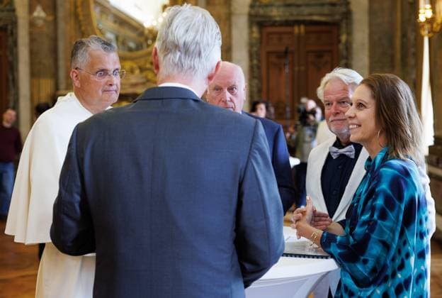 BeHeroes Pater Karel Stautemas; King Philippe - Filip of Belgium and BeHeroes Karine Vanommeslaeghe pictured during a royal audience of the Be Heroes with the King, in Brussels, Thursday 17 September 2026. Be Heroes is an initiative that honors Belgians who selflessly go out of their way to help others. These everyday heroes were nominated by someone close to them via the online BEHEROES platform.  BENOITxDOPPAGNE 186763151