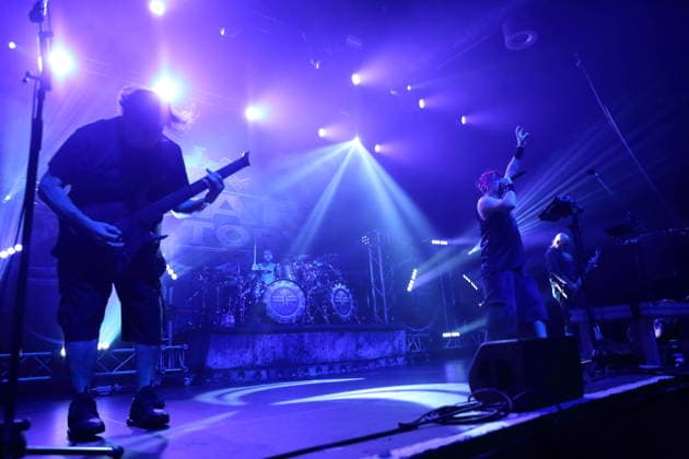 Dino Cazares, Pete Webber, Milo Silvestro und Tony Campos, v.l., von der Band Fear Factory bei einem Konzert im Huxleys Neue Welt in Berlin, 17. September 2026. Fear Factory Konzert Berlin