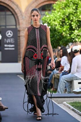 September 17, 2026, Madrid, Spain: A model parades with Odette Ãlvarez design during the Mercedes Benz Fashion Week Madrid at Cibeles Palace in Madrid. Madrid Spain  - ZUMAs197 20260917_aaa_s197_107 Copyright: xAtilanoxGarciax