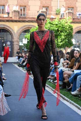 September 17, 2026, Madrid, Spain: A model parades with Odette Ãlvarez design during the Mercedes Benz Fashion Week Madrid at Cibeles Palace in Madrid. Madrid Spain  - ZUMAs197 20260917_aaa_s197_194 Copyright: xAtilanoxGarciax