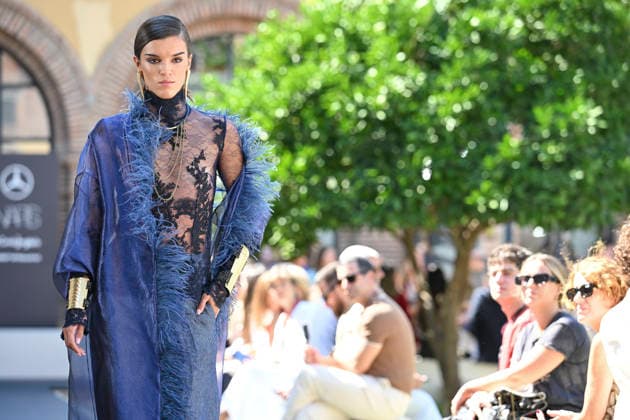 September 17, 2026, Madrid, Spain: A model parades with Malone design during the Mercedes Benz Fashion Week Madrid at Cibeles Palace in Madrid. Madrid Spain  - ZUMAs197 20260917_aaa_s197_214 Copyright: xAtilanoxGarciax