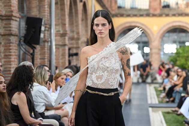 September 17, 2026, Madrid, Spain: A model parades with Isabel Sanchis design during the Mercedes Benz Fashion Week Madrid at Cibeles Palace in Madrid. Madrid Spain  - ZUMAs197 20260917_aaa_s197_271 Copyright: xAtilanoxGarciax