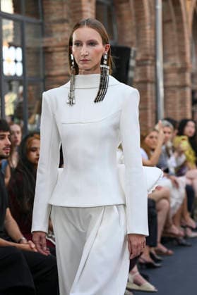 September 17, 2026, Madrid, Spain: A model parades with Isabel Sanchis design during the Mercedes Benz Fashion Week Madrid at Cibeles Palace in Madrid. Madrid Spain  - ZUMAs197 20260917_aaa_s197_279 Copyright: xAtilanoxGarciax