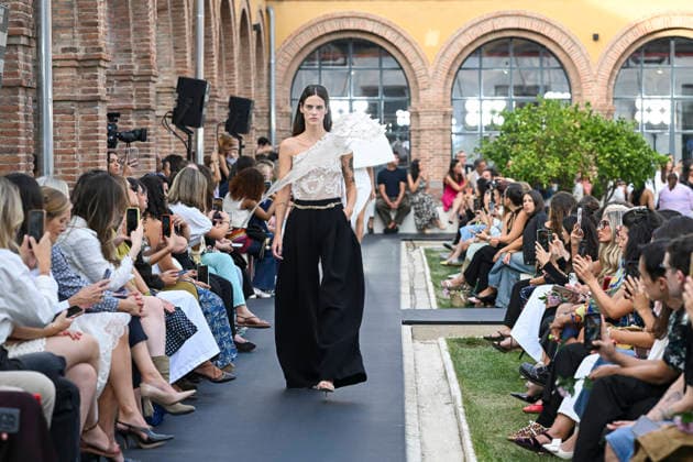 September 17, 2026, Madrid, Spain: A model parades with Isabel Sanchis design during the Mercedes Benz Fashion Week Madrid at Cibeles Palace in Madrid. Madrid Spain  - ZUMAs197 20260917_aaa_s197_291 Copyright: xAtilanoxGarciax