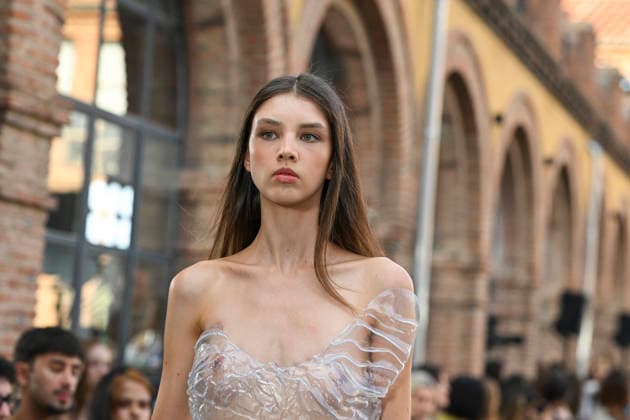 September 17, 2026, Madrid, Spain: A model parades with Isabel Sanchis design during the Mercedes Benz Fashion Week Madrid at Cibeles Palace in Madrid. Madrid Spain  - ZUMAs197 20260917_aaa_s197_292 Copyright: xAtilanoxGarciax
