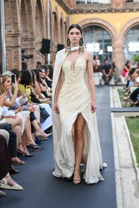 September 17, 2026, Madrid, Spain: A model parades with Isabel Sanchis design during the Mercedes Benz Fashion Week Madrid at Cibeles Palace in Madrid. Madrid Spain  - ZUMAs197 20260917_aaa_s197_304 Copyright: xAtilanoxGarciax