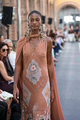 September 17, 2026, Madrid, Spain: A model parades with Isabel Sanchis design during the Mercedes Benz Fashion Week Madrid at Cibeles Palace in Madrid. Madrid Spain  - ZUMAs197 20260917_aaa_s197_351 Copyright: xAtilanoxGarciax