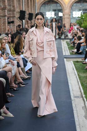September 17, 2026, Madrid, Spain: A model parades with Isabel Sanchis design during the Mercedes Benz Fashion Week Madrid at Cibeles Palace in Madrid. Madrid Spain  - ZUMAs197 20260917_aaa_s197_365 Copyright: xAtilanoxGarciax
