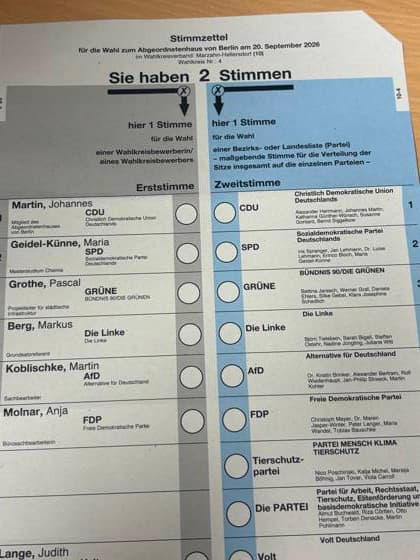20.09.2026, Stimmzettel für die Wahl zum Abgeordnetenhaus 2026, im Wahlkreis Marzahn-Hellersdorf, Wahlkreis 4, Berlin Deutschland, Germany