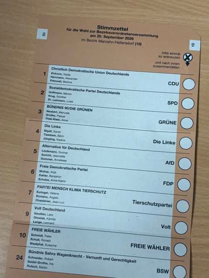 20.09.2026, Stimmzettel für die Wahl zur Bezirksverordnetenversammlung 2026, im Wahlkreis Marzahn-Hellersdorf, Wahlkreis 10, Berlin Deutschland, Germany