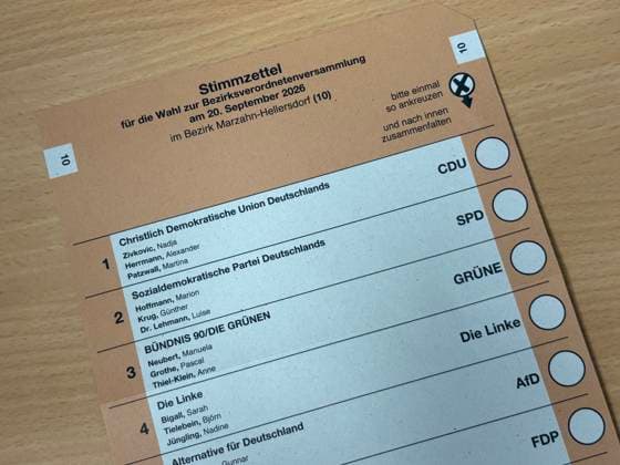 20.09.2026, Stimmzettel für die Wahl zur Bezirksverordnetenversammlung 2026, im Wahlkreis Marzahn-Hellersdorf, Wahlkreis 10, Berlin Deutschland, Germany