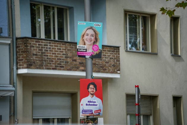 Berlin, Deutschland 20.09.2026: Wahlplakate von CDU-Kandidatin Vivien Keilbar und Linke-Kandidat Niklas Schenker zur Wahl zum Abgeordnetenhaus von Berlin im Straßenbild von Charlottenburg. CDU, Die Linke, Wahlplakate, Berlin-Wahl, Abgeordnetenhauswahl, Wahl 2026, Wahlkampf, Parteien, Kandidaten, Charlottenburg-Nord, Landespolitik, Politik, Stadtbild. Copyright: xAlonxDavidx